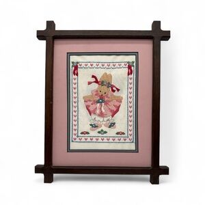Vintage Bucilla Bunny Cross-Stitch Art in Wood Frame w/ Wall Hanger